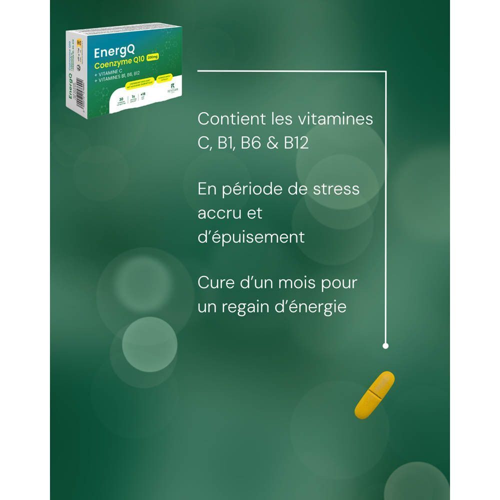 Boîte d'EnergQ Coenzyme Q10 200 mg avec vitamines C, B1, B6, B12.