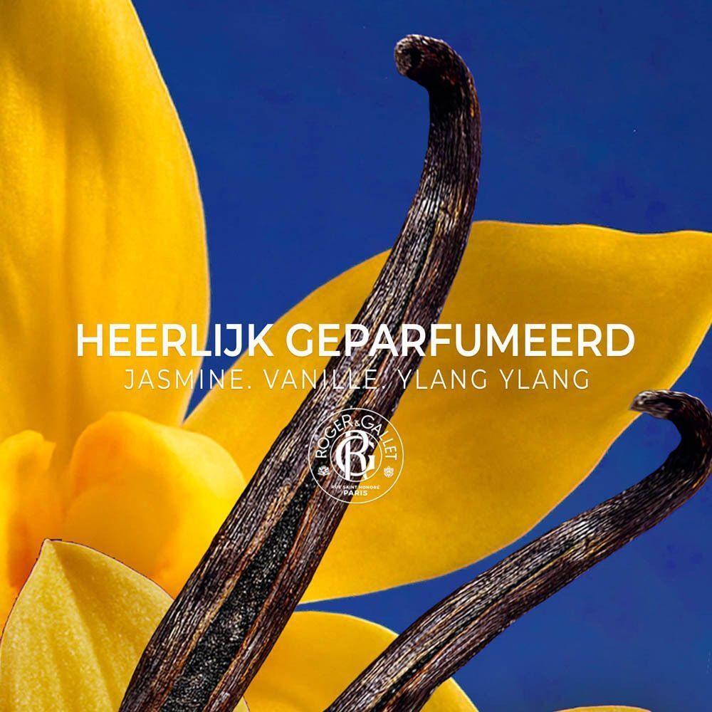 Close-up van vanillestokjes en een gele bloem, tekst: "Heerlijk geparfumeerd".