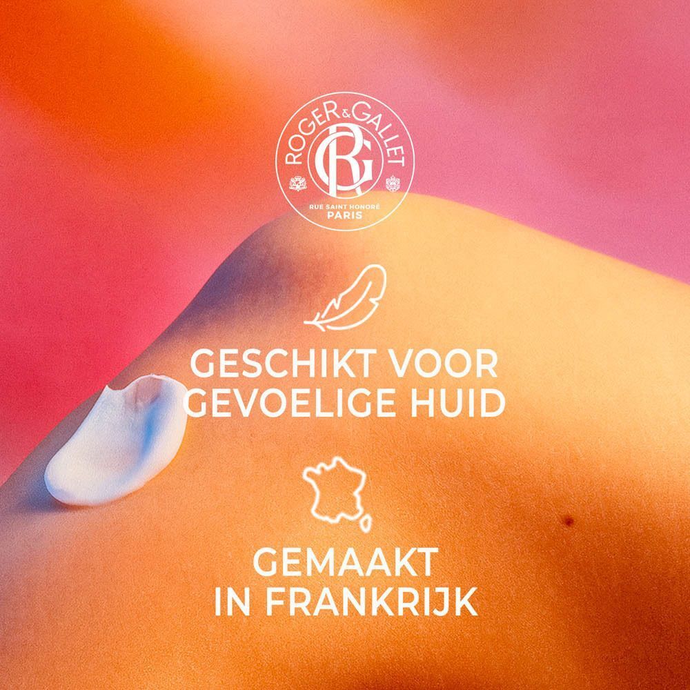 Huid met een spoor crème, tekst: "Geschikt voor gevoelige huid", "Gemaakt in Frankrijk".