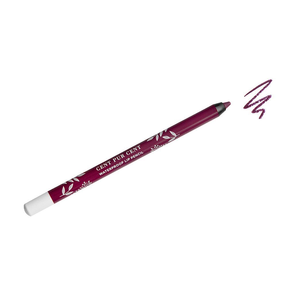 Een donkerrode lipliner met een wit uiteinde en bladerpatroon. Daarnaast een getrokken lijn in dezelfde kleur.