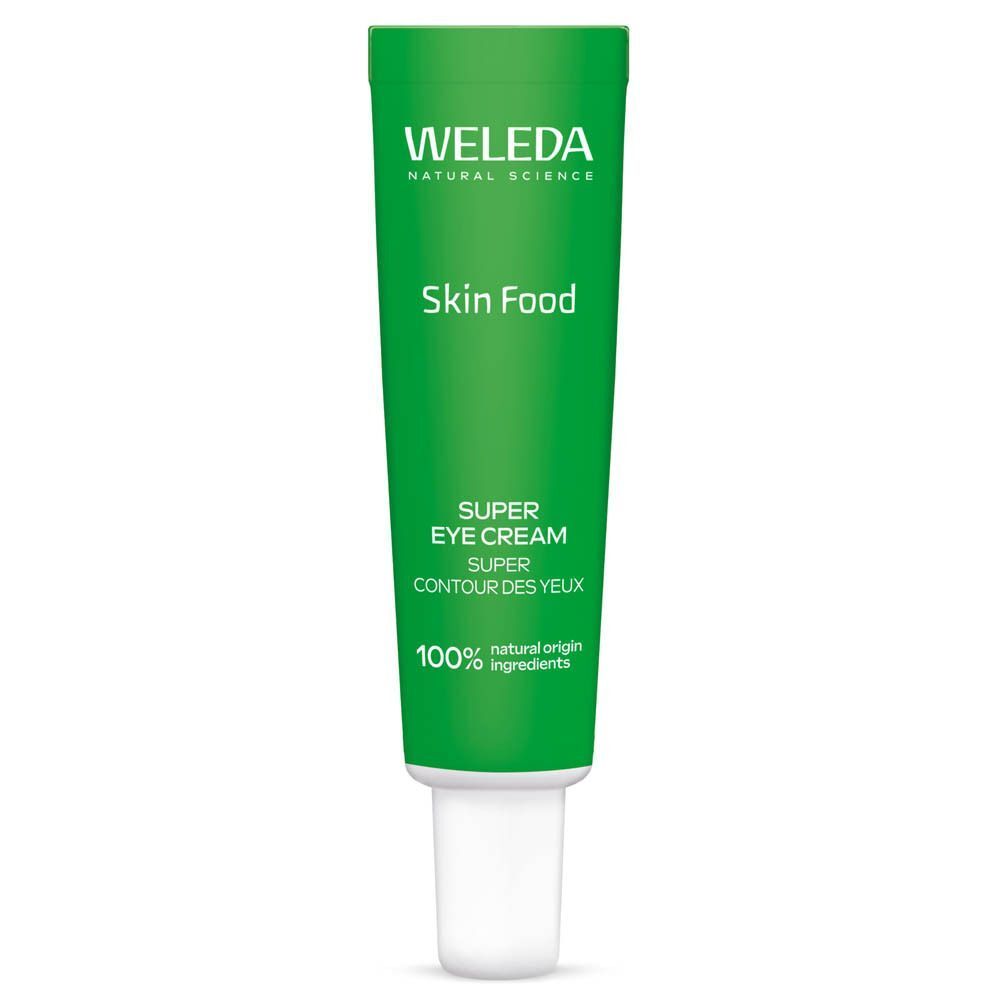 Tube vert de Weleda Skin Food Super Eye Cream avec bouchon blanc.