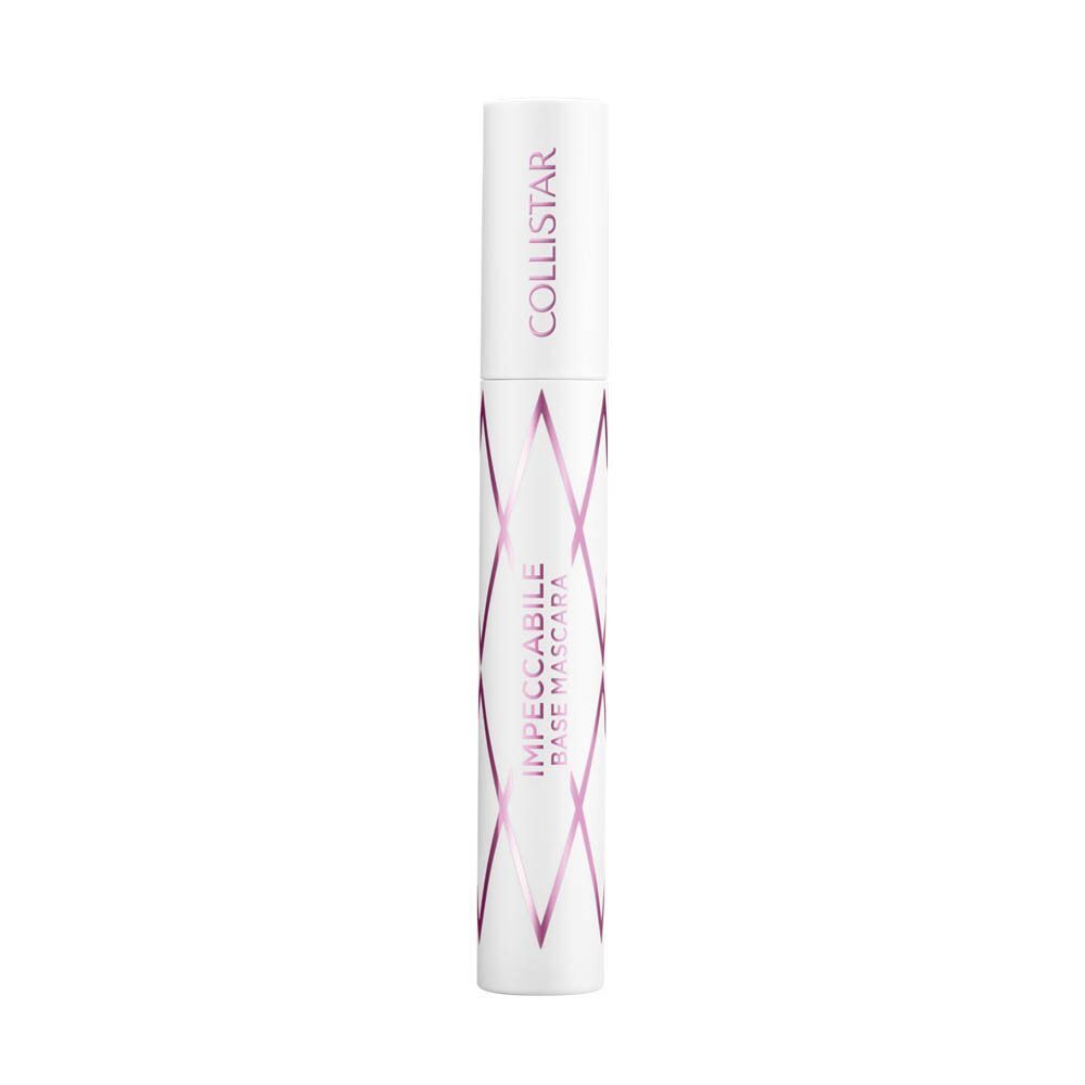 Tube de mascara blanc avec motif géométrique violet et inscription COLLISTAR IMPECCABILE BASE MASCARA.