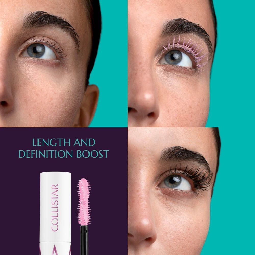 Mascara Collistar avec brosse rose et texte "LENGTH AND DEFINITION BOOST". Comparaison avant-après des yeux.