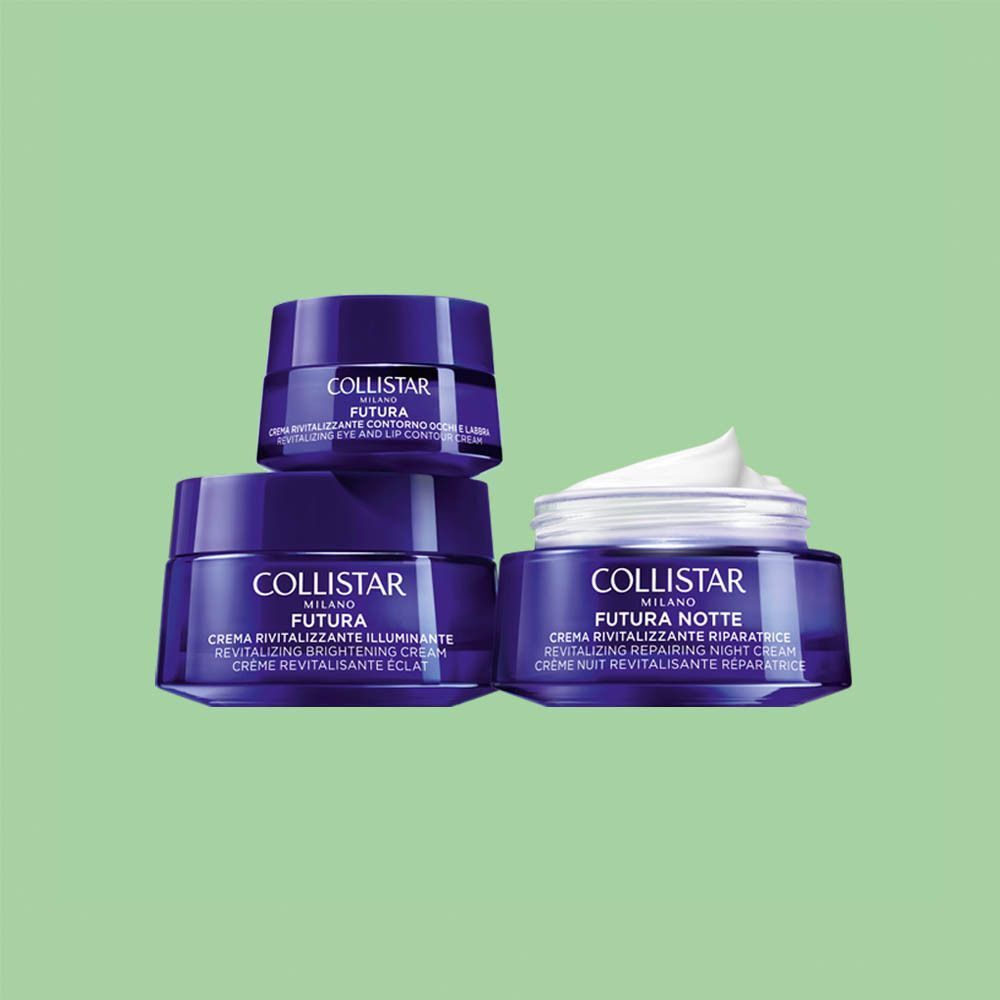 Drie Collistar Futura crèmepotjes: Revitaliserend, Verhelderend, Herstellend.