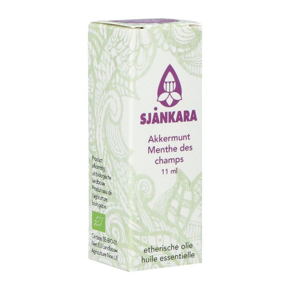 Verpakking Sjankara Akkermunt Essentiele Olie Bio. Kartonnen doos met etiket en bio-zegel.