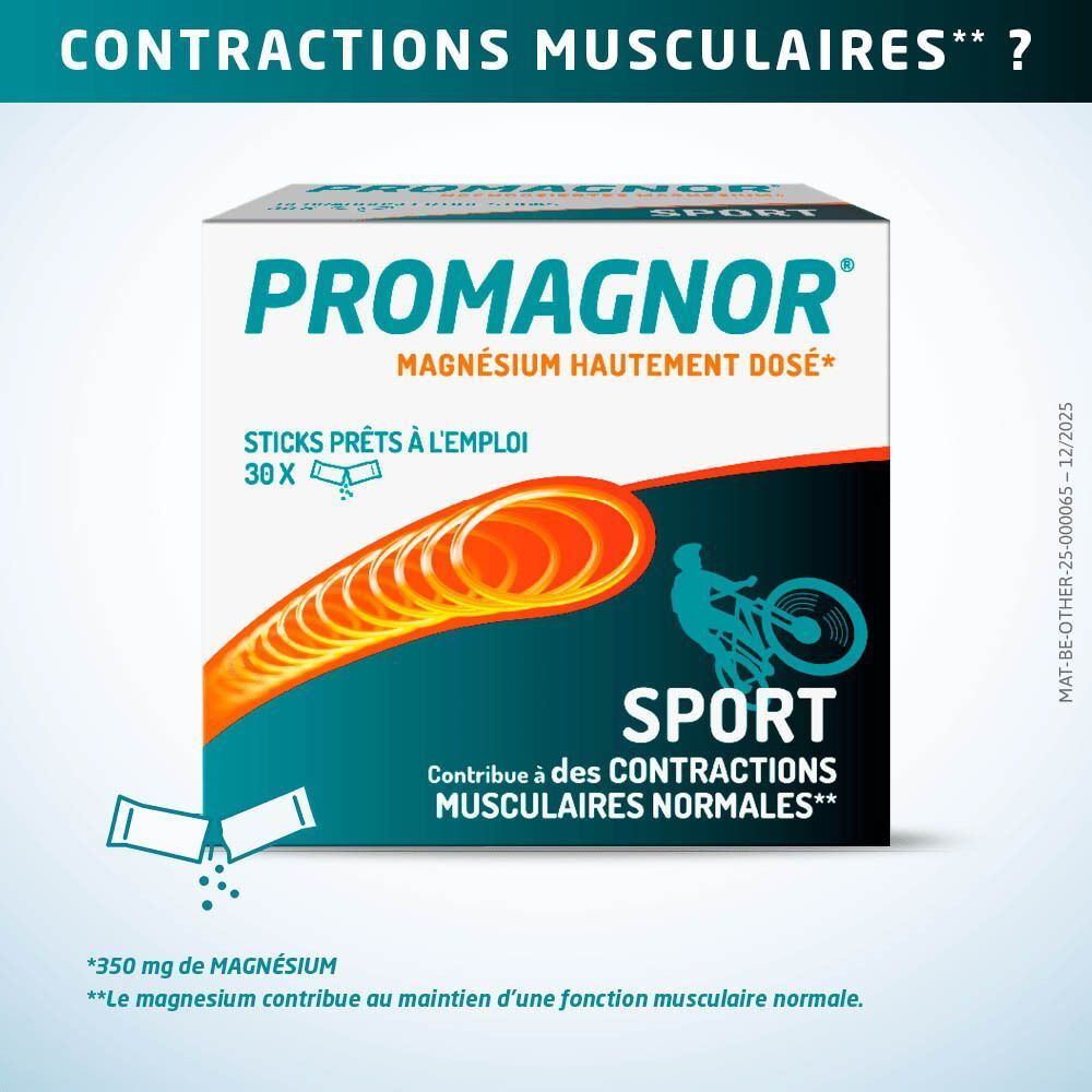 Boîte de Promagnor Sport Magnésium, 30 sticks, contribue aux contractions musculaires normales.