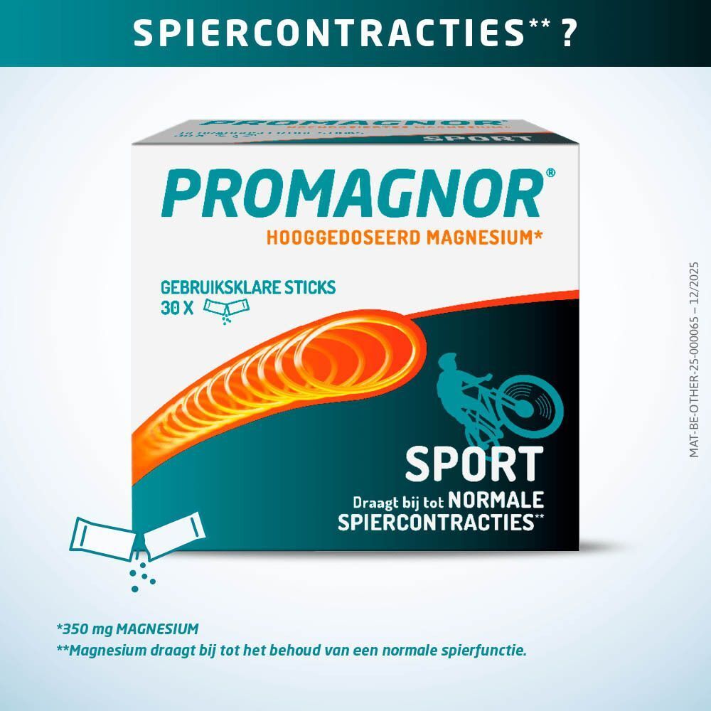 Verpakking Promagnor Sport Magnesium, 30 sticks, draagt bij aan normale spiercontracties.