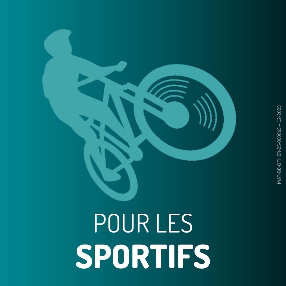 Silhouette d'un cycliste faisant un wheelie, avec le texte 'Pour les sportifs'.
