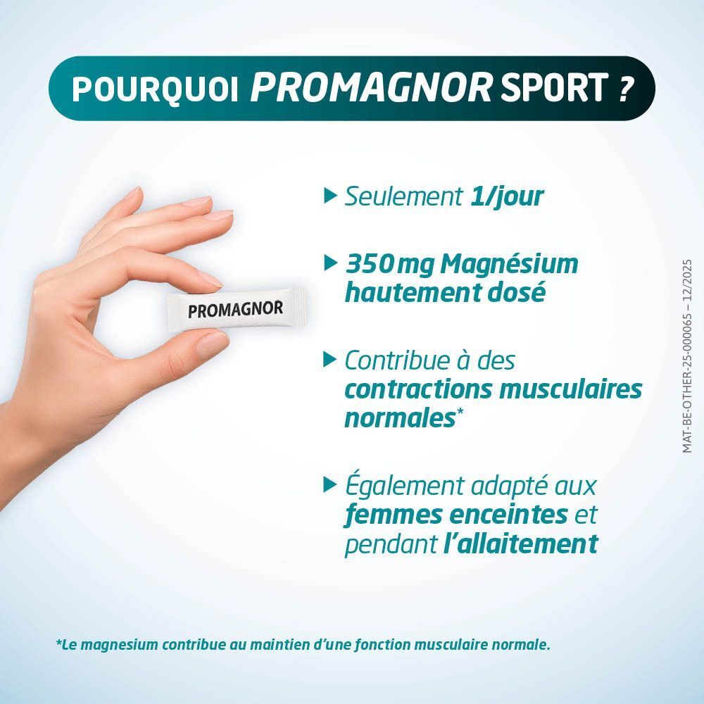 Main tenant un stick Promagnor. Texte : 350mg Magnésium, contribue aux contractions musculaires normales.