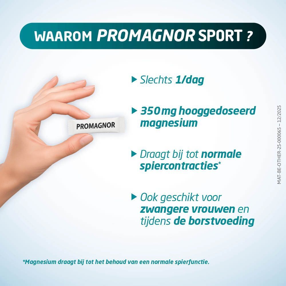 Hand houdt een Promagnor stick vast. Tekst: 350mg Magnesium, goed voor spiercontracties.