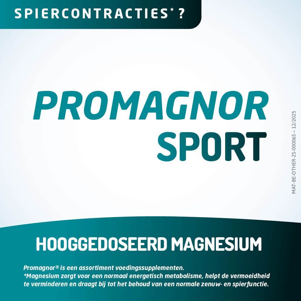 Promagnor Sport logo en tekst 'Hooggedoseerd Magnesium'.