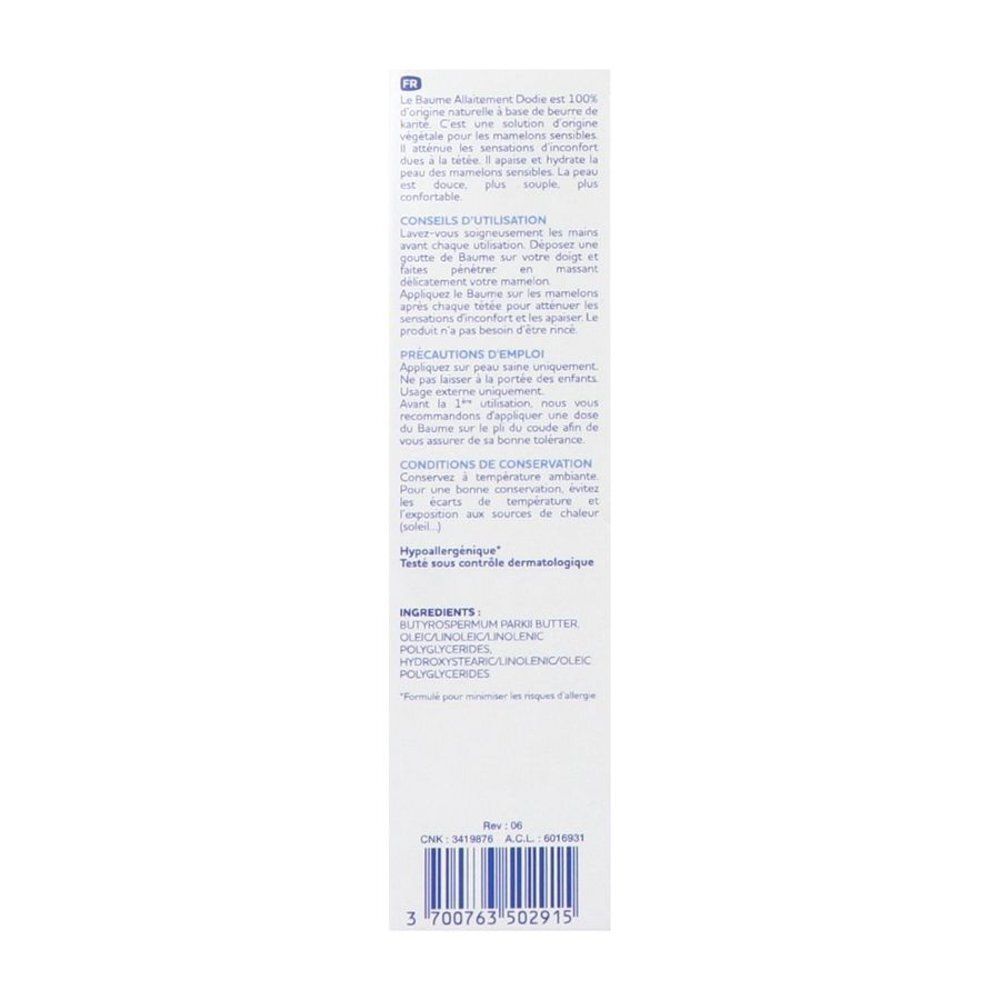 Achterkant van een Dodie Tepelverzorging balsem verpakking met gebruiksaanwijzing en ingrediënten.