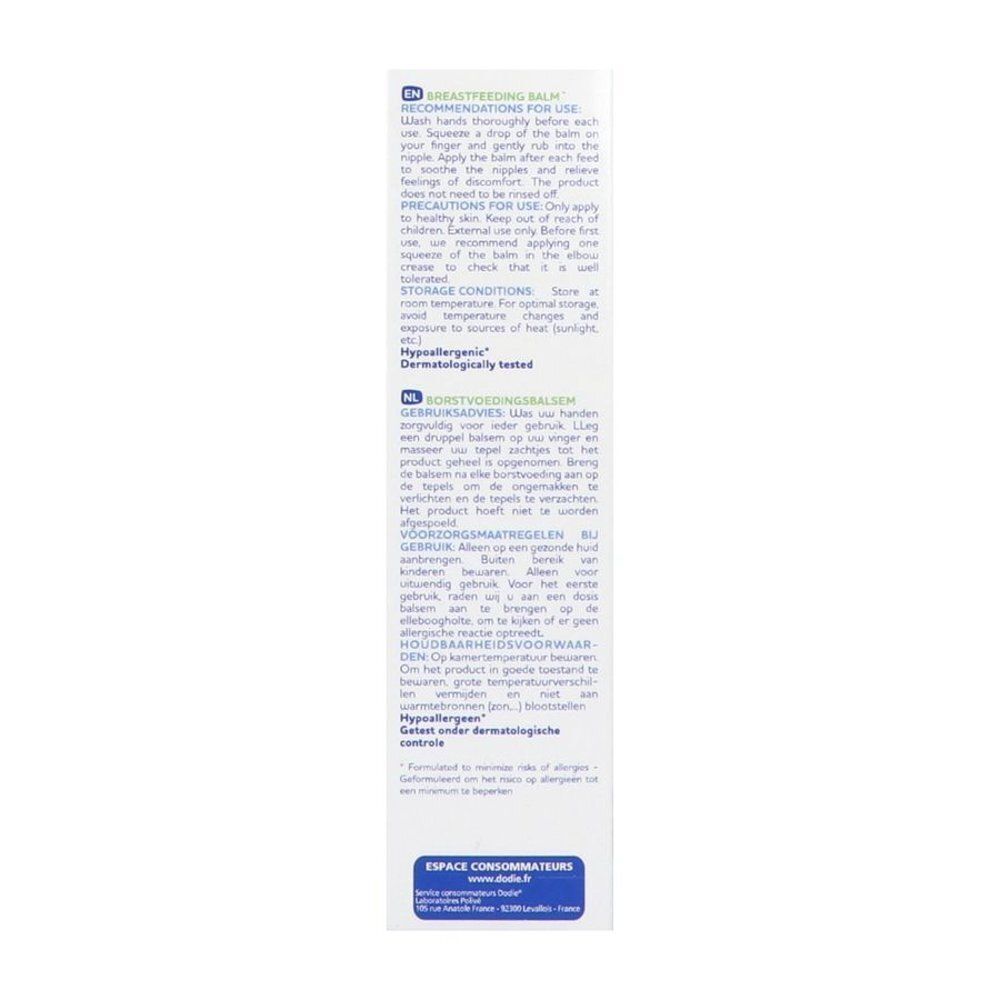 Arrière d'un emballage de baume Dodie Allaitement avec instructions en anglais et néerlandais.