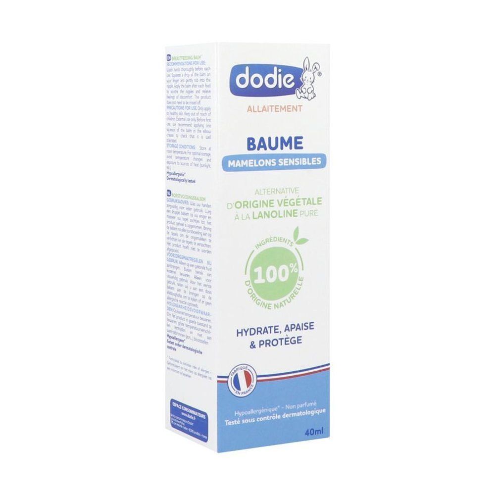 Emballage Dodie Allaitement baume pour mamelons sensibles, 40ml, ingrédients 100% naturels.