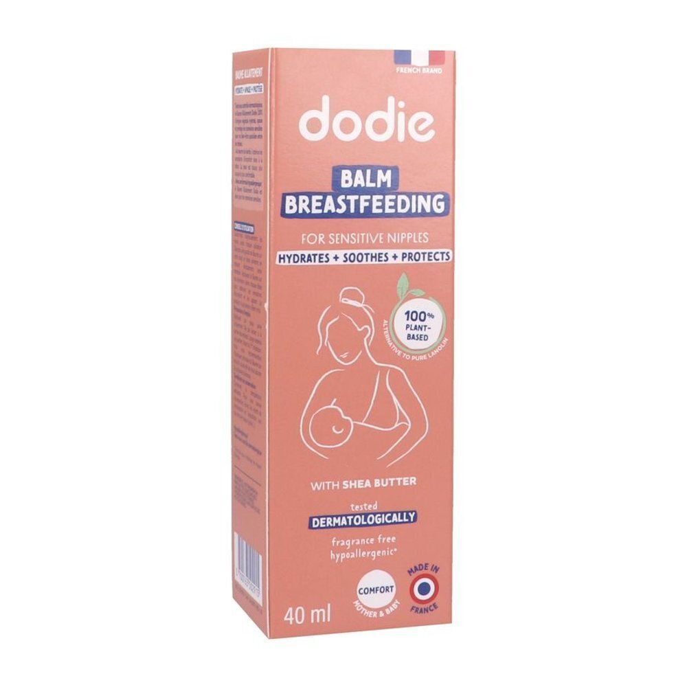 Emballage Dodie Allaitement baume pour mamelons sensibles, 40ml, au beurre de karité, testé dermatologiquement.
