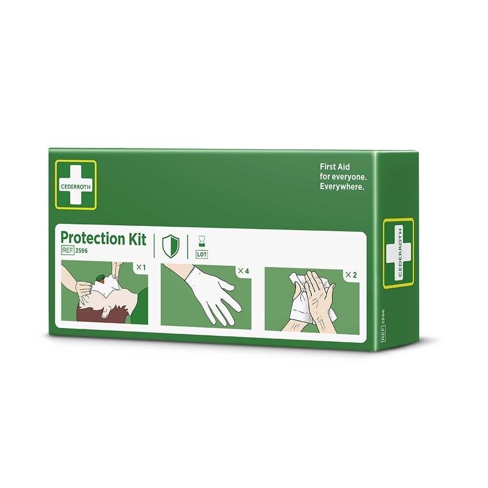 Groene doos met opschrift 'Protection Kit'. Toont illustraties van eerste hulp: mond-op-mond beademing, handschoenen, reinigingsdoekjes.