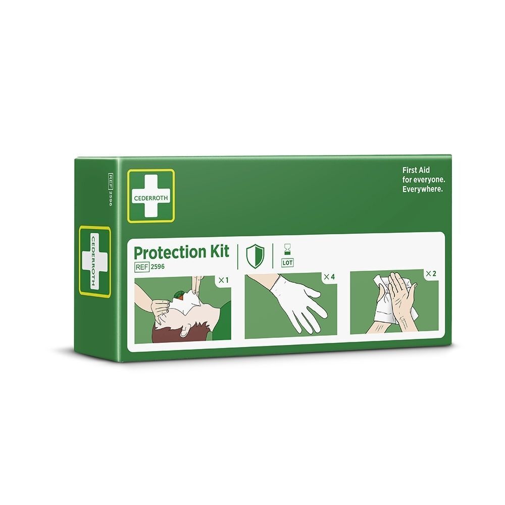 Een groene doos van een CEDERROTH Protection Kit met illustraties van eerste hulp: mond-op-mondbeademing, handschoenen, doekjes.
