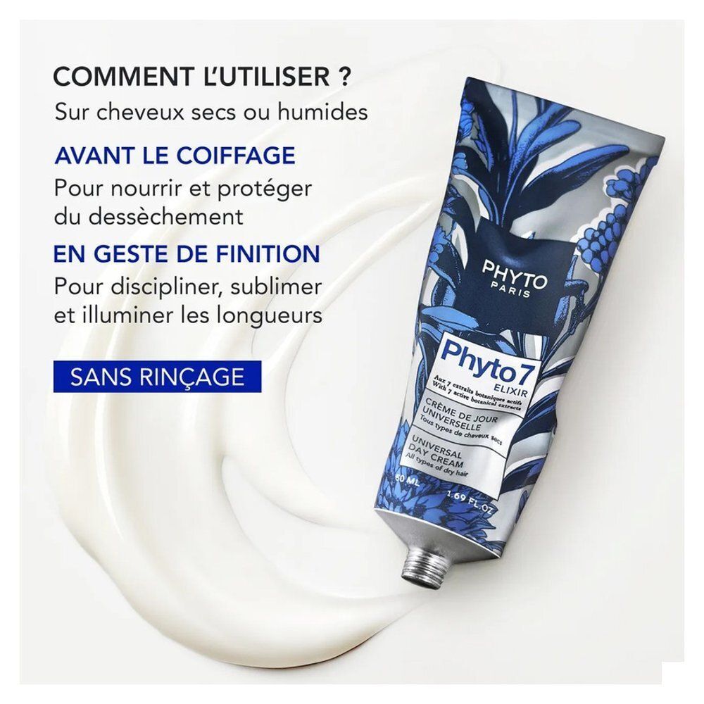 Utilisation de la crème Phyto 7 Elixir sur cheveux secs ou humides.
