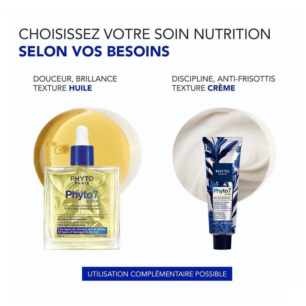 Phyto 7 Elixir olie en dagcrème voor verschillende haarbehoeften.