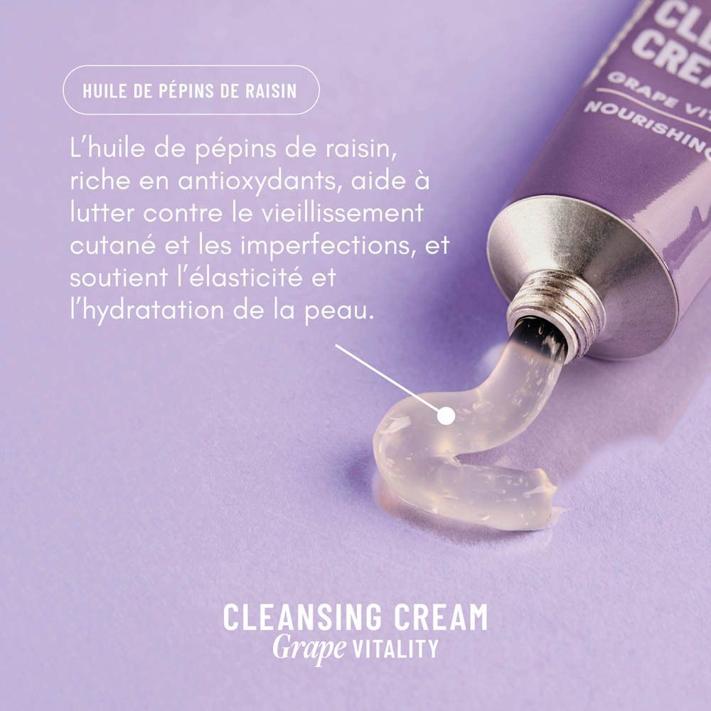 Tube violet WONDR Cleansing Cream Grape Vitality, crème extraite, avec informations sur les ingrédients.