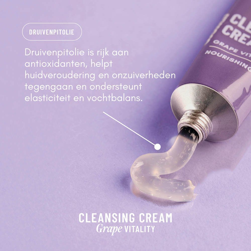 Paarse tube WONDR Cleansing Cream Grape Vitality, crème wordt eruit gedrukt, met ingrediëntinfo.