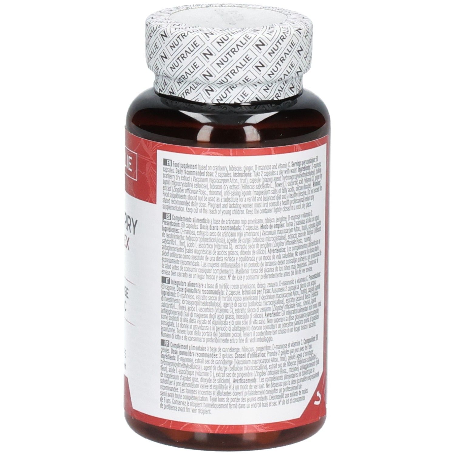 Arrière de la boîte de gélules Nutralie Cranberry Complex avec informations nutritionnelles.