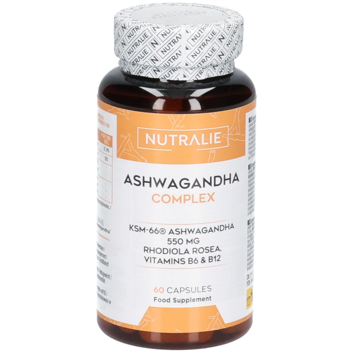 Nutralie Ashwagandha Complex KSM-66 Kapseln: 550 mg Ashwagandha, Rhodiola Rosea, Vitamine B6 & B12. 60 Kapseln.