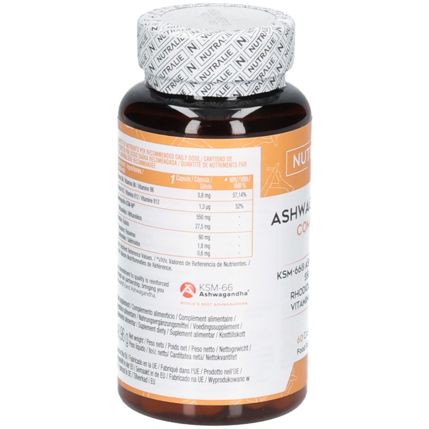 Nutralie Ashwagandha Complex KSM-66: 550 mg Ashwagandha, Rhodiola Rosea, Vitamine B6 & B12. 60 Kapseln. Vegan.