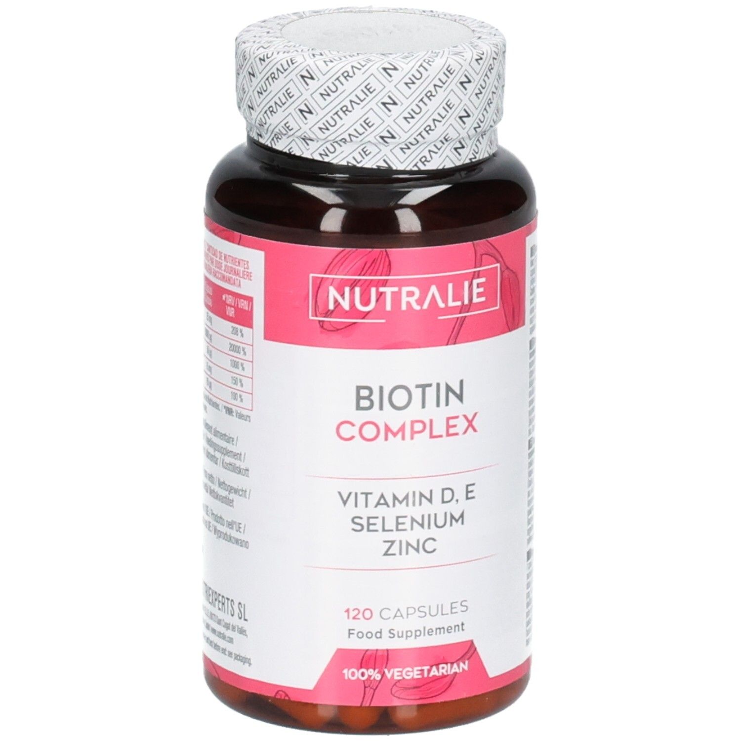 Nutralie Biotin Complex Flasche mit 120 Kapseln, Vitamin D, E, Selen, Zink. 100% vegetarisch.