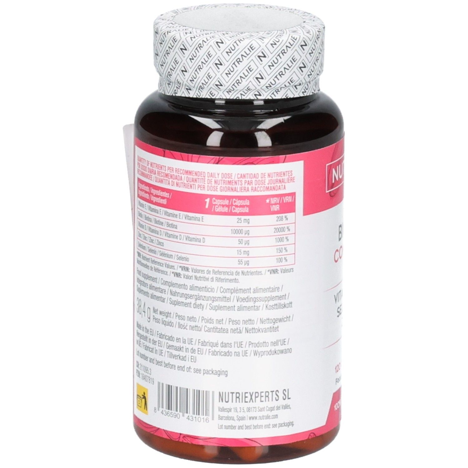 Rückseite der Nutralie Biotin Complex Flasche mit Nährwertangaben und Inhaltsstoffen.