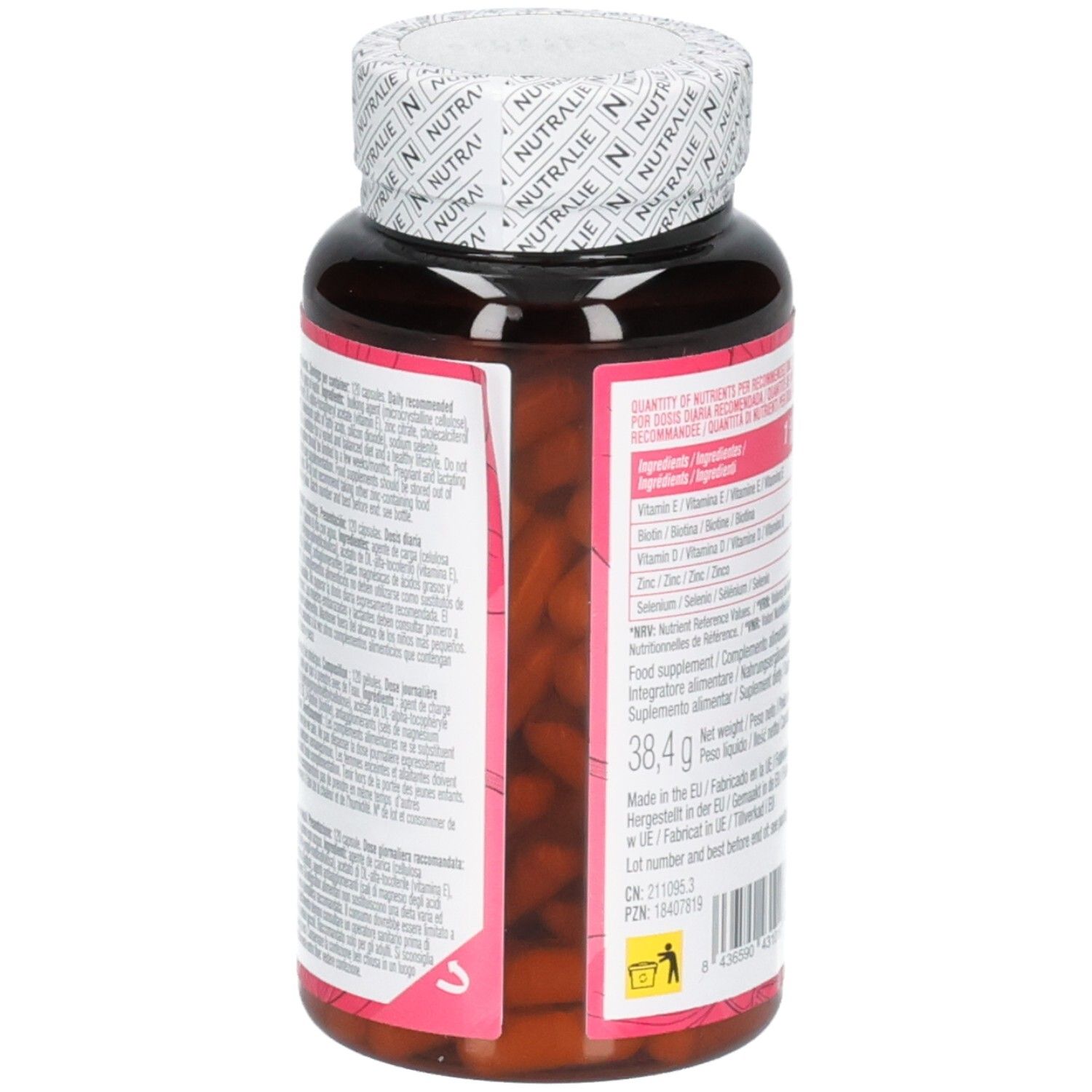 Seitenansicht der Nutralie Biotin Complex Flasche mit Gewichtsangabe 38,4g.