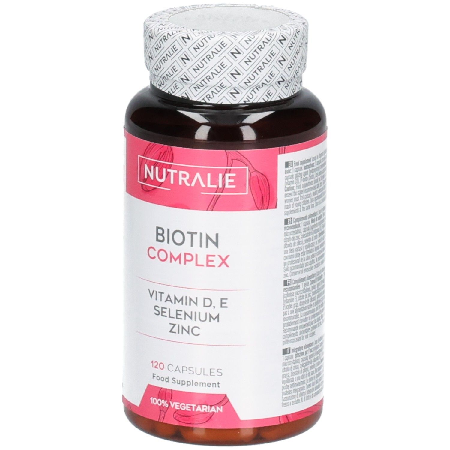 Nutralie Biotin Complex Flasche mit 120 Kapseln, Vitamin D, E, Selen, Zink. 100% vegetarisch.