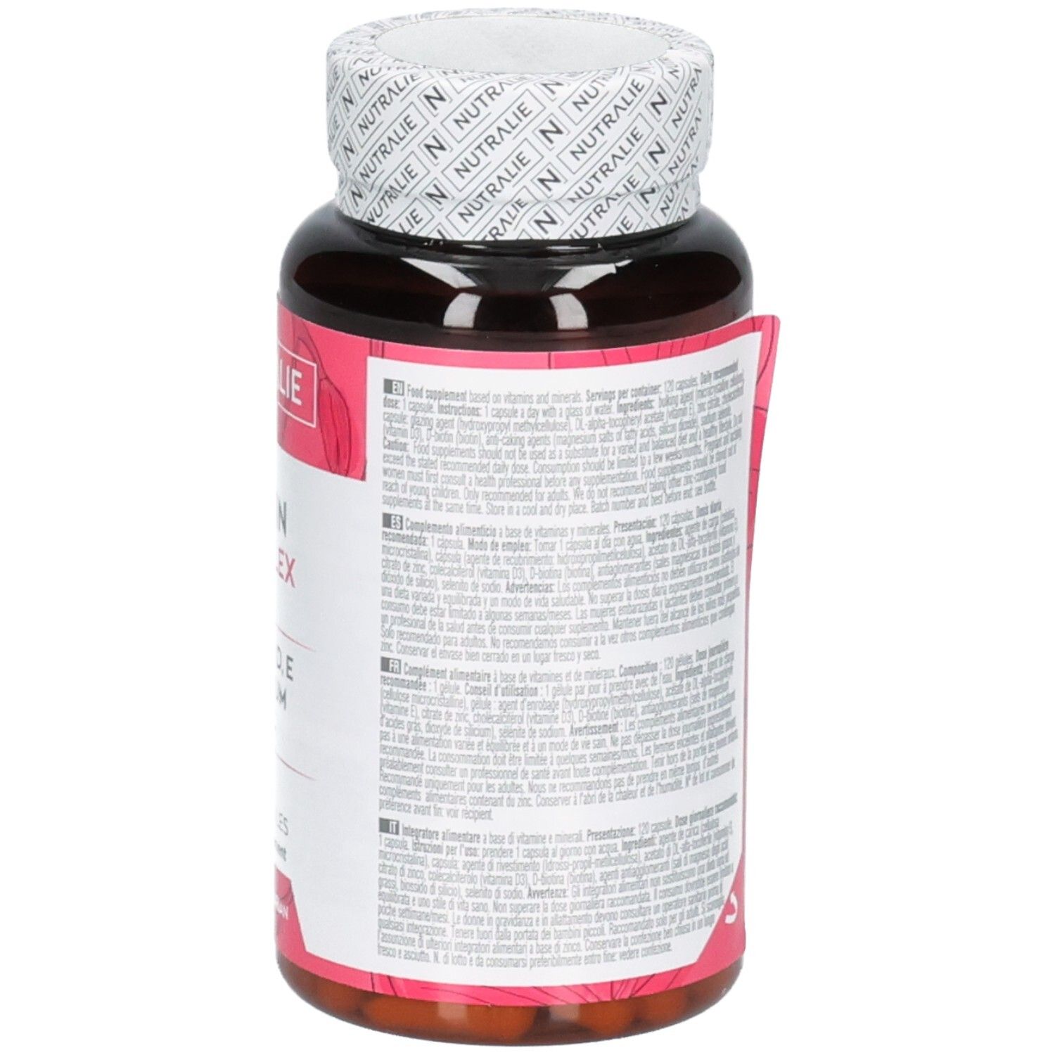 Rückseite der Nutralie Biotin Complex Flasche mit detaillierten Informationen.