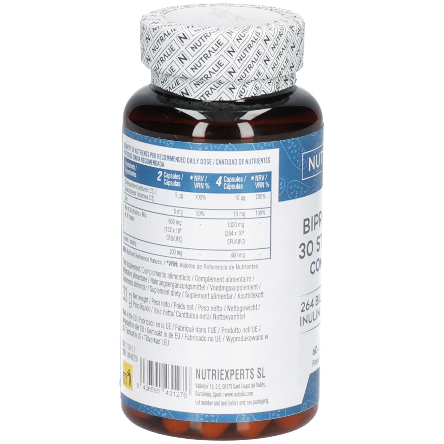 Braune Kapselbehälter mit Etikett, das Nutralie Biprotics 30 Stämme Komplex, 60 Kapseln und Nährwertangaben zeigt.