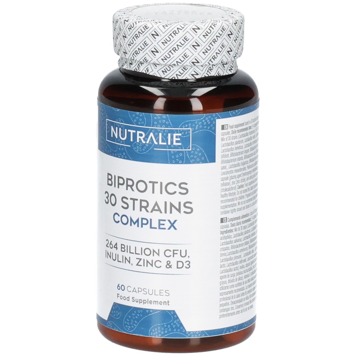 Vorderansicht eines Nutralie Biprotics 30 Stämme Komplex Behälters mit 60 Kapseln, der 264 Milliarden CFU enthält.