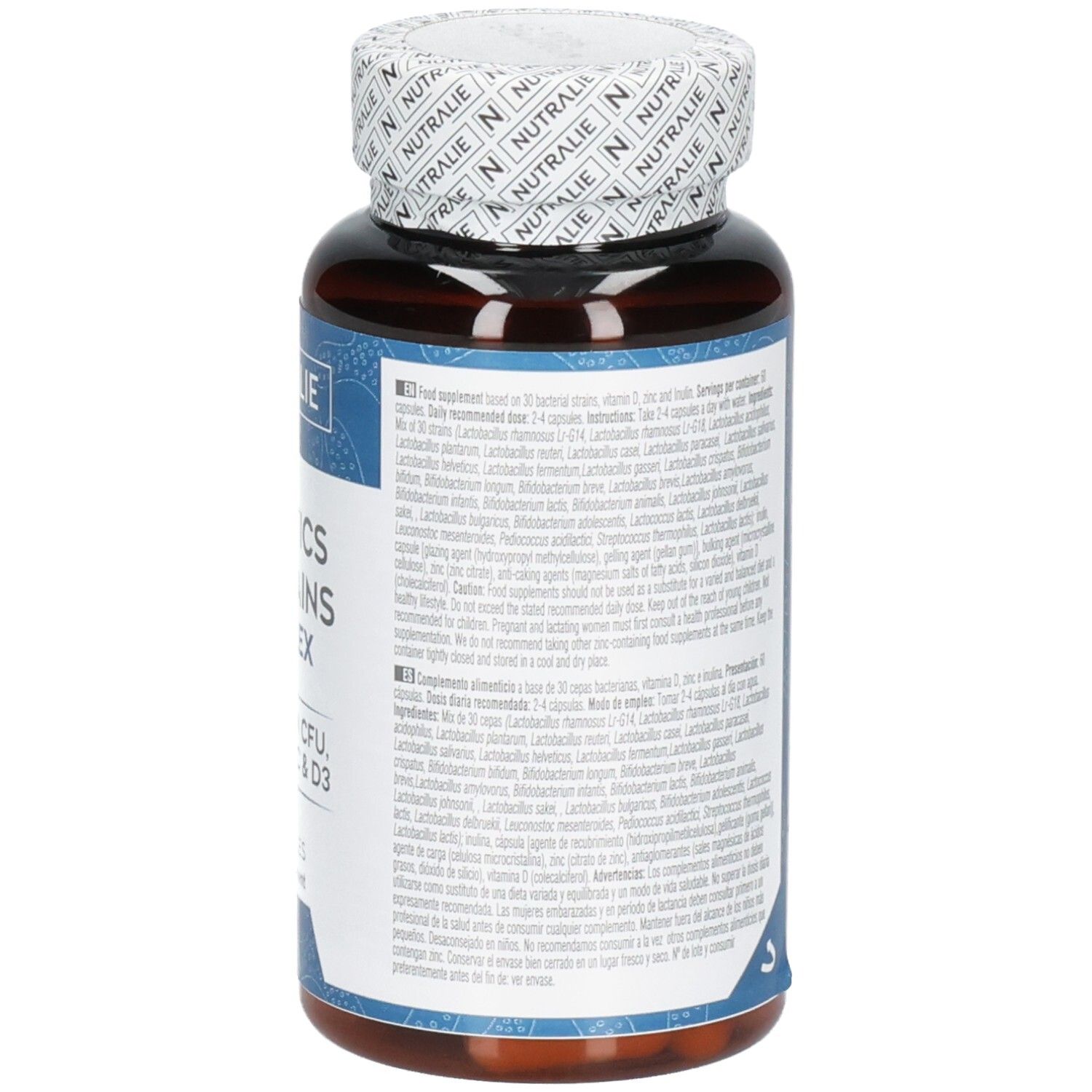 Rückseite eines Nutralie Biprotics 30 Stämme Komplex Behälters mit detaillierten Informationen in mehreren Sprachen.