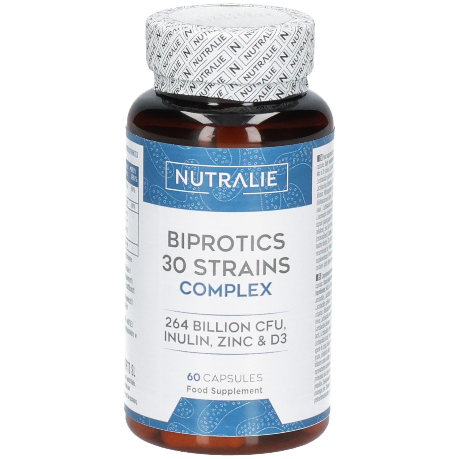 Nutralie Biprotics 30 Stämme Komplex Behälter mit 60 Kapseln, 264 Milliarden CFU, Inulin, Zink & D3.
