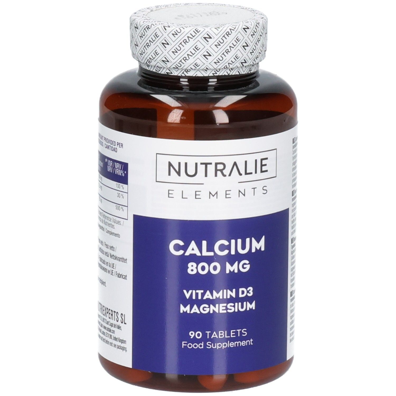 Braune Flasche mit Nutralie Calcium 800 mg, Vitamin D3, Magnesium, 90 Tabletten.