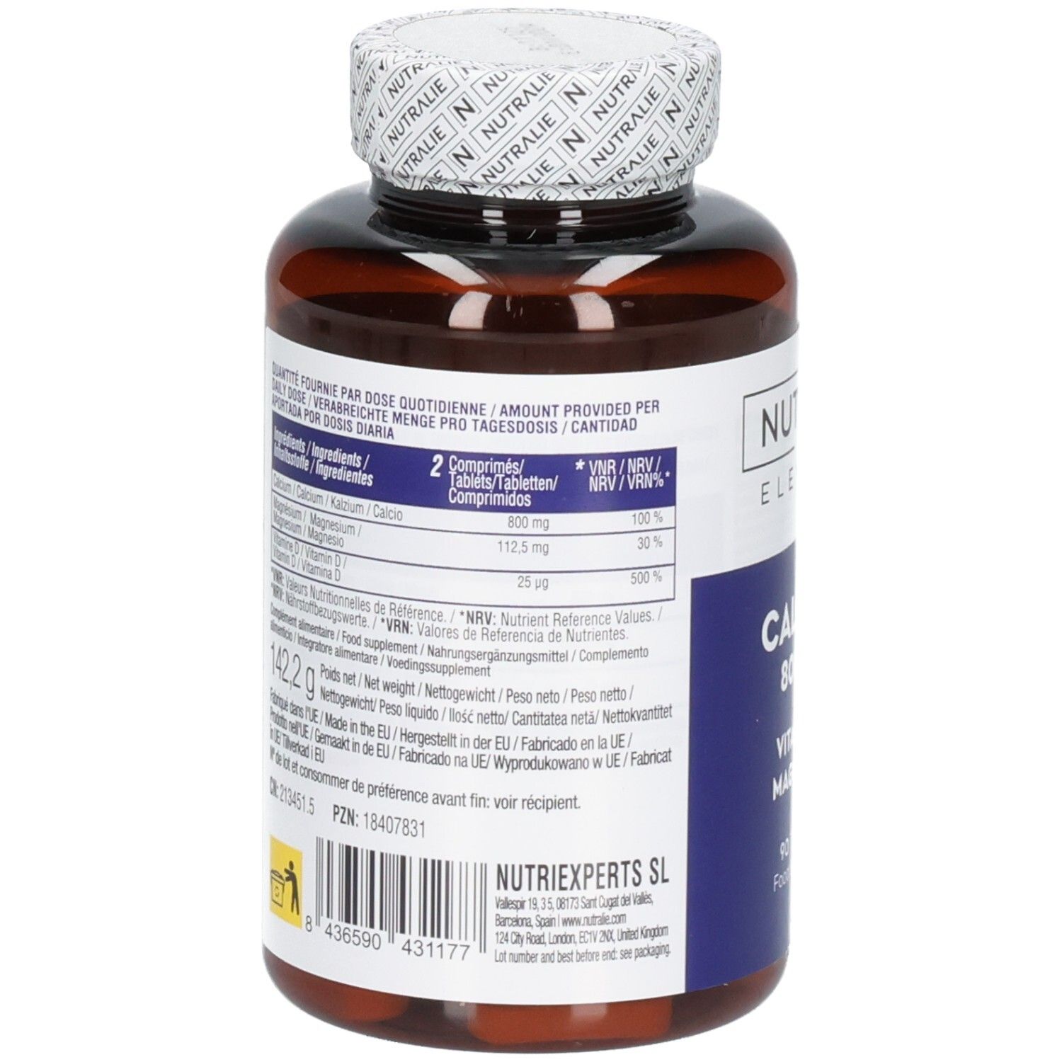 Rückseite einer Nutralie Calcium 800 mg Flasche mit Nährwertangaben und Dosierung.