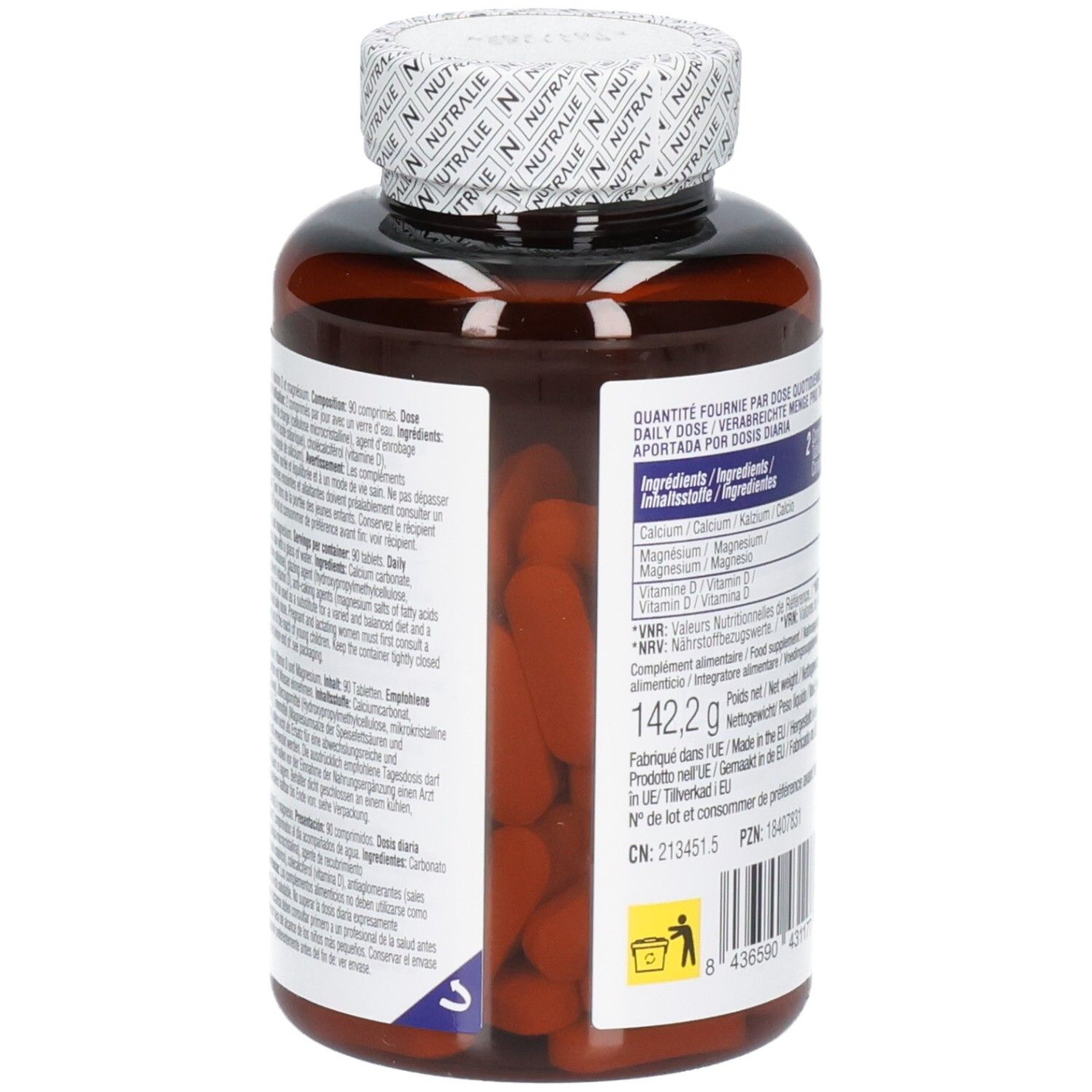 Rückseite einer Nutralie Calcium 800 mg Flasche mit detaillierten Inhaltsstoffen und Herstellerinformationen.