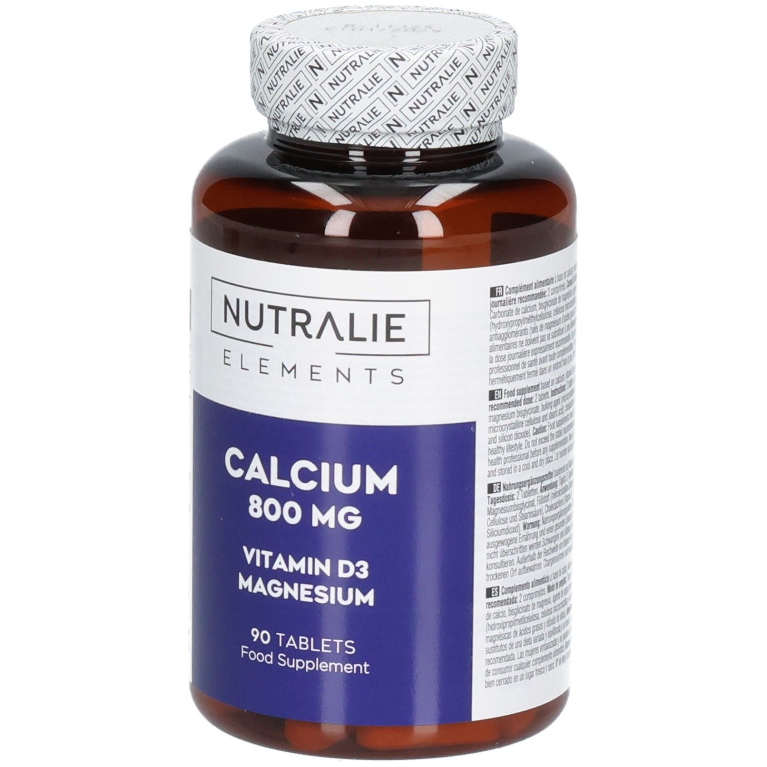 Vorderseite einer Nutralie Calcium 800 mg Flasche mit Informationen zu Vitamin D3 und Magnesium.