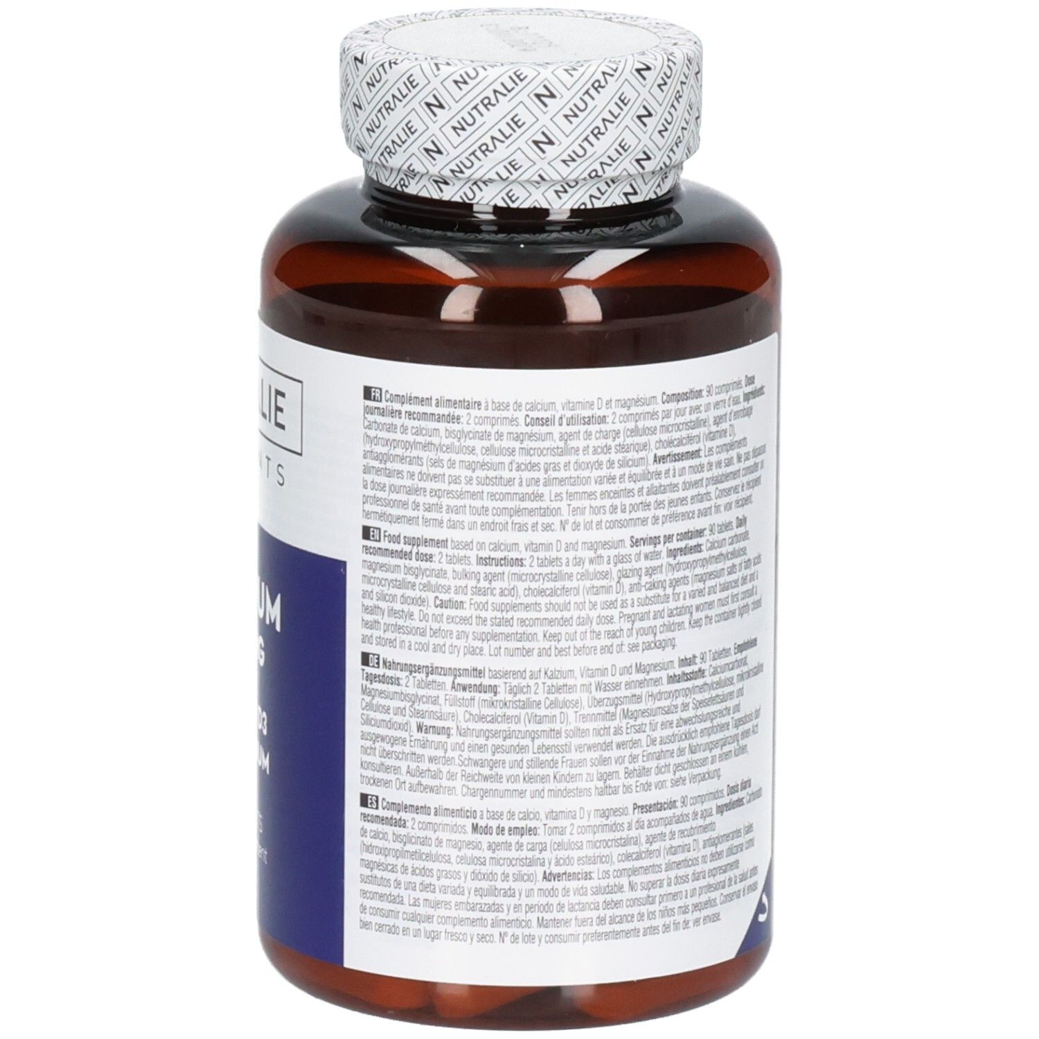 Rückseite einer Nutralie Calcium 800 mg Flasche mit Anwendungshinweisen und Inhaltsstoffen.