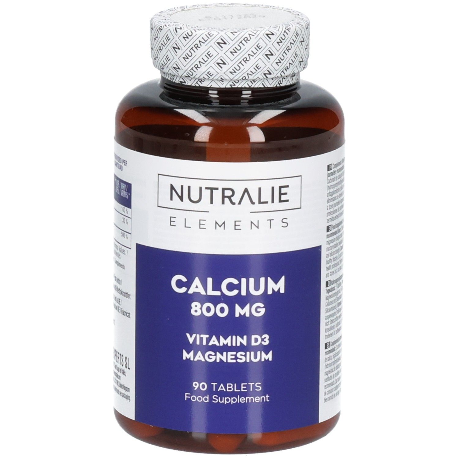 Vorderseite einer Nutralie Calcium 800 mg Flasche, 90 Tabletten, Lebensmittelzusatz.