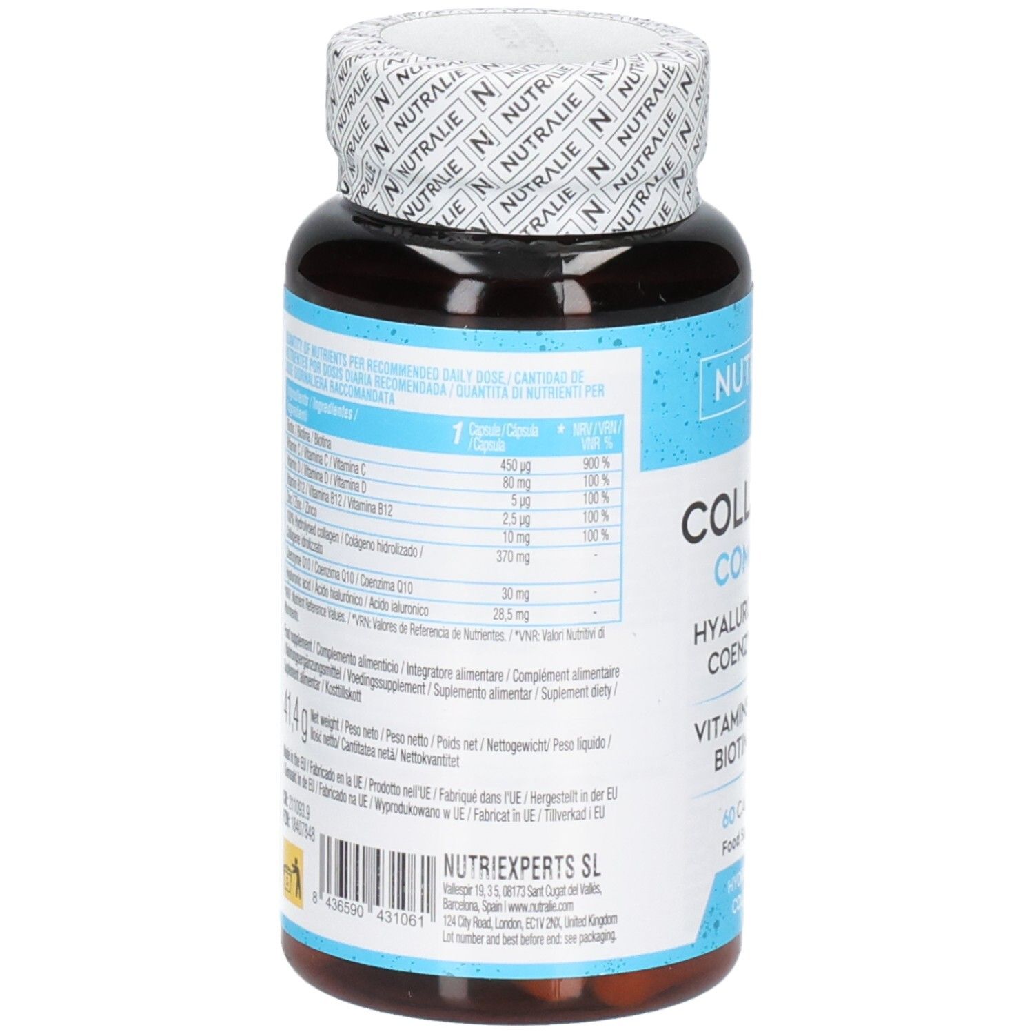 Rückseite der Nutralie Kollagen Complex Flasche mit Nährwertangaben und Inhaltsstoffen.