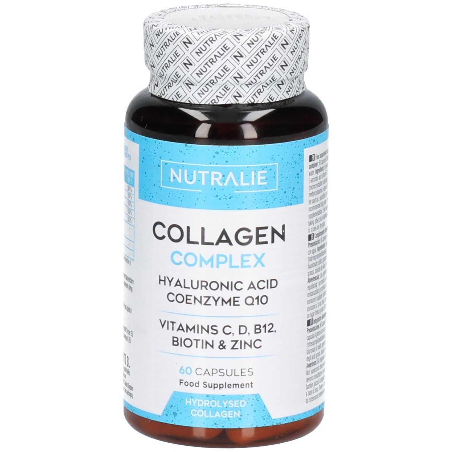 Nutralie Kollagen Complex Flasche mit 60 Kapseln, Vorderansicht mit Etikettendetails.