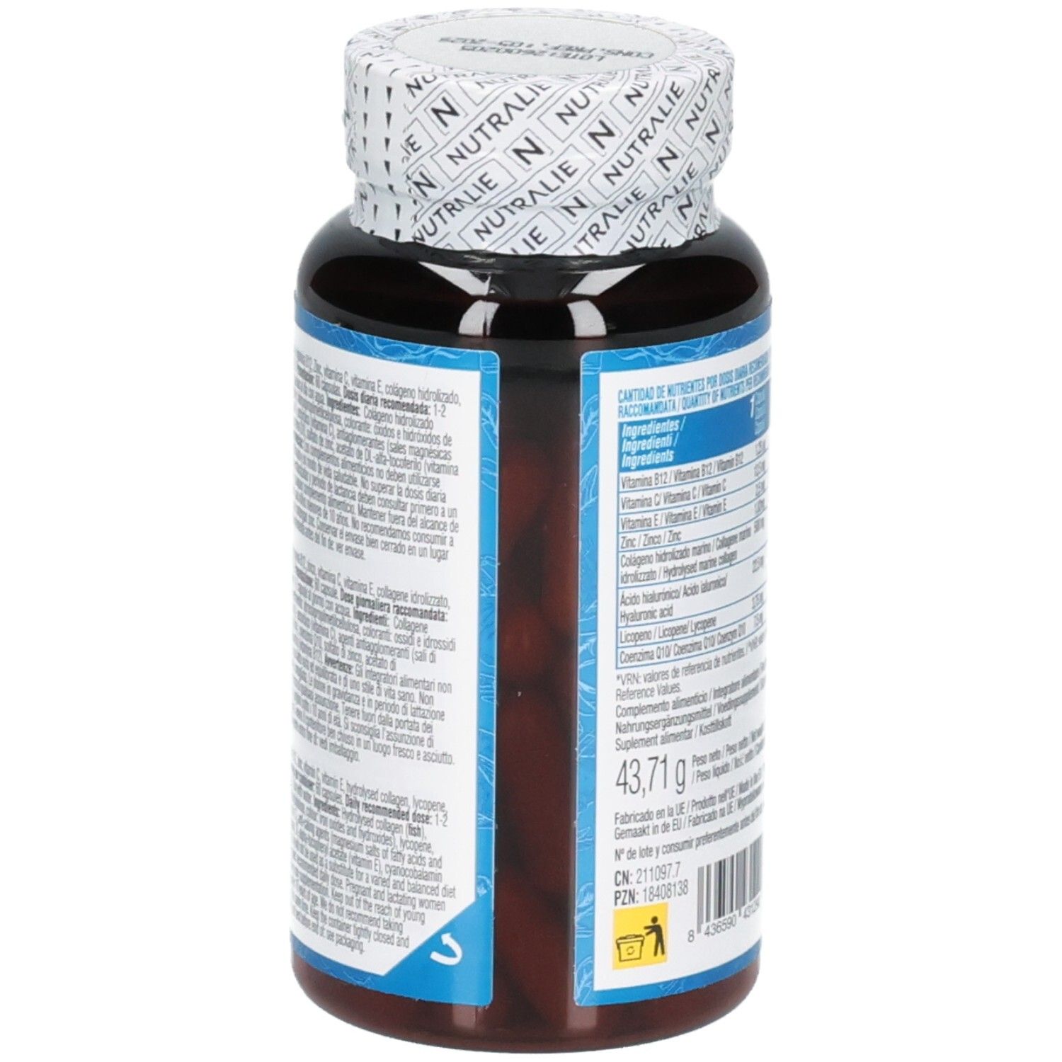 Seitenansicht der Nutralie Marine Collagen Complex Kapseln mit Inhaltsstoffen.