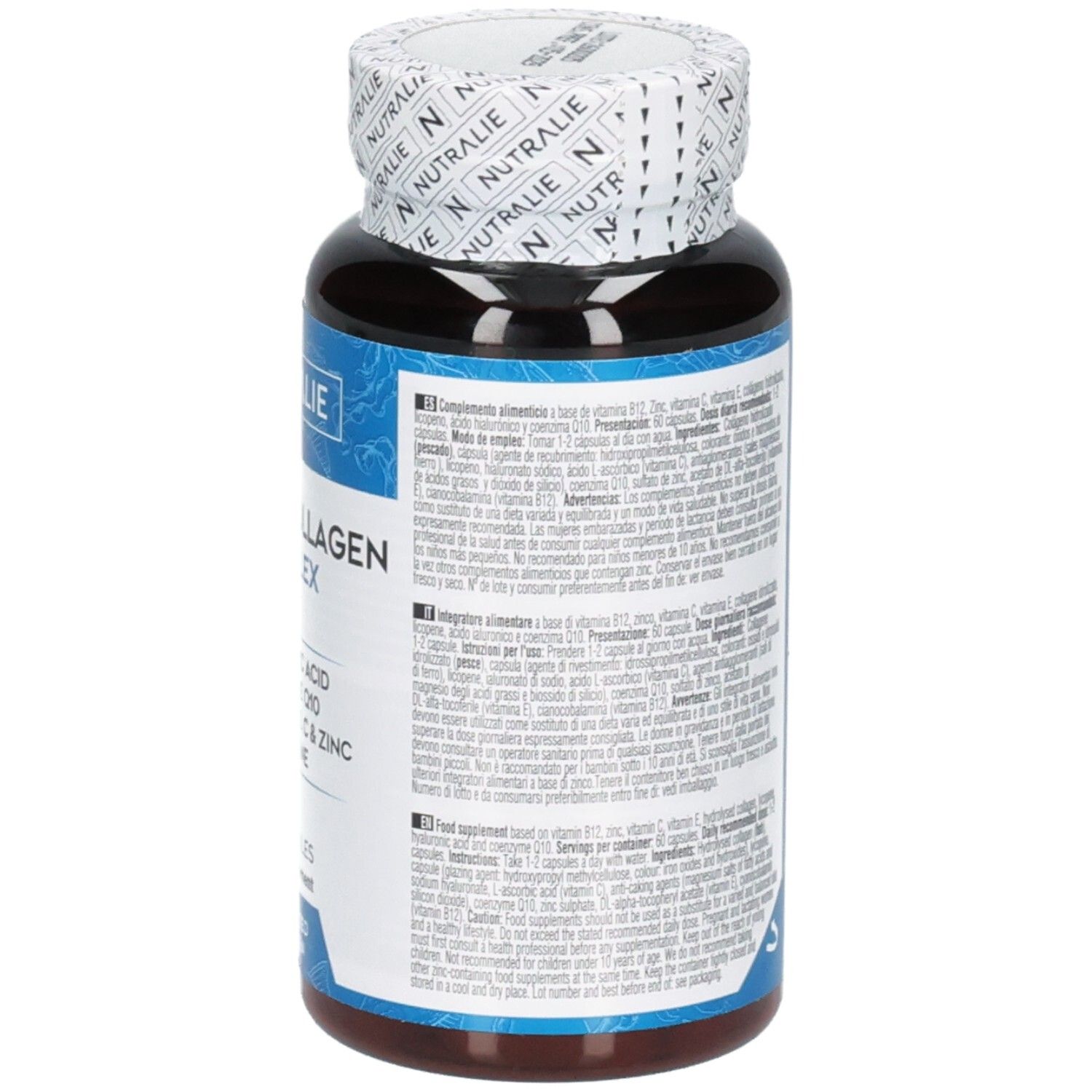 Rückseite der Nutralie Marine Collagen Complex Kapseln mit Anwendungshinweisen.