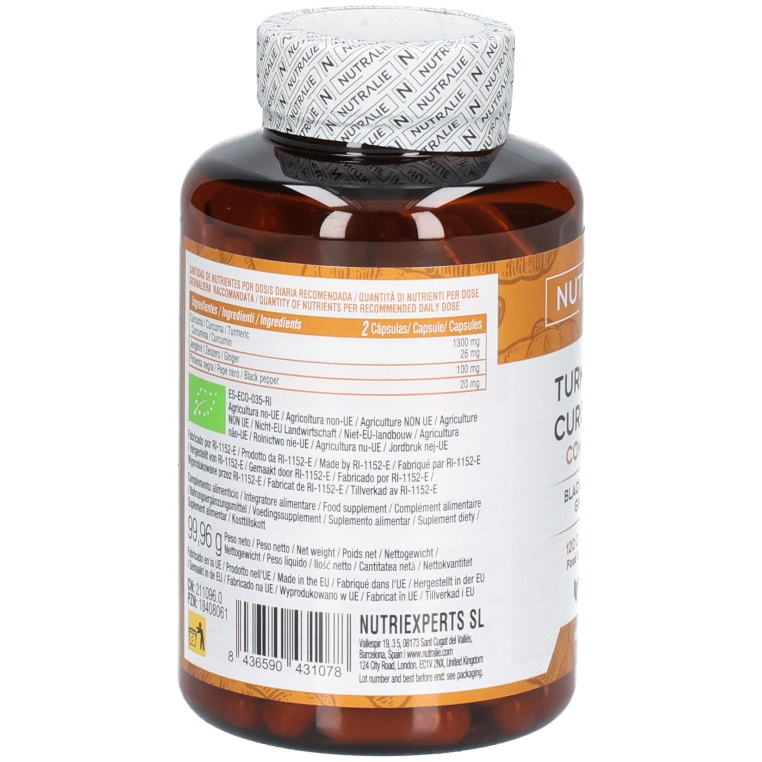 Rückseite einer Flasche mit Nutralie Kurkuma Kapseln Bio Hochdosiert Nährwertangaben.