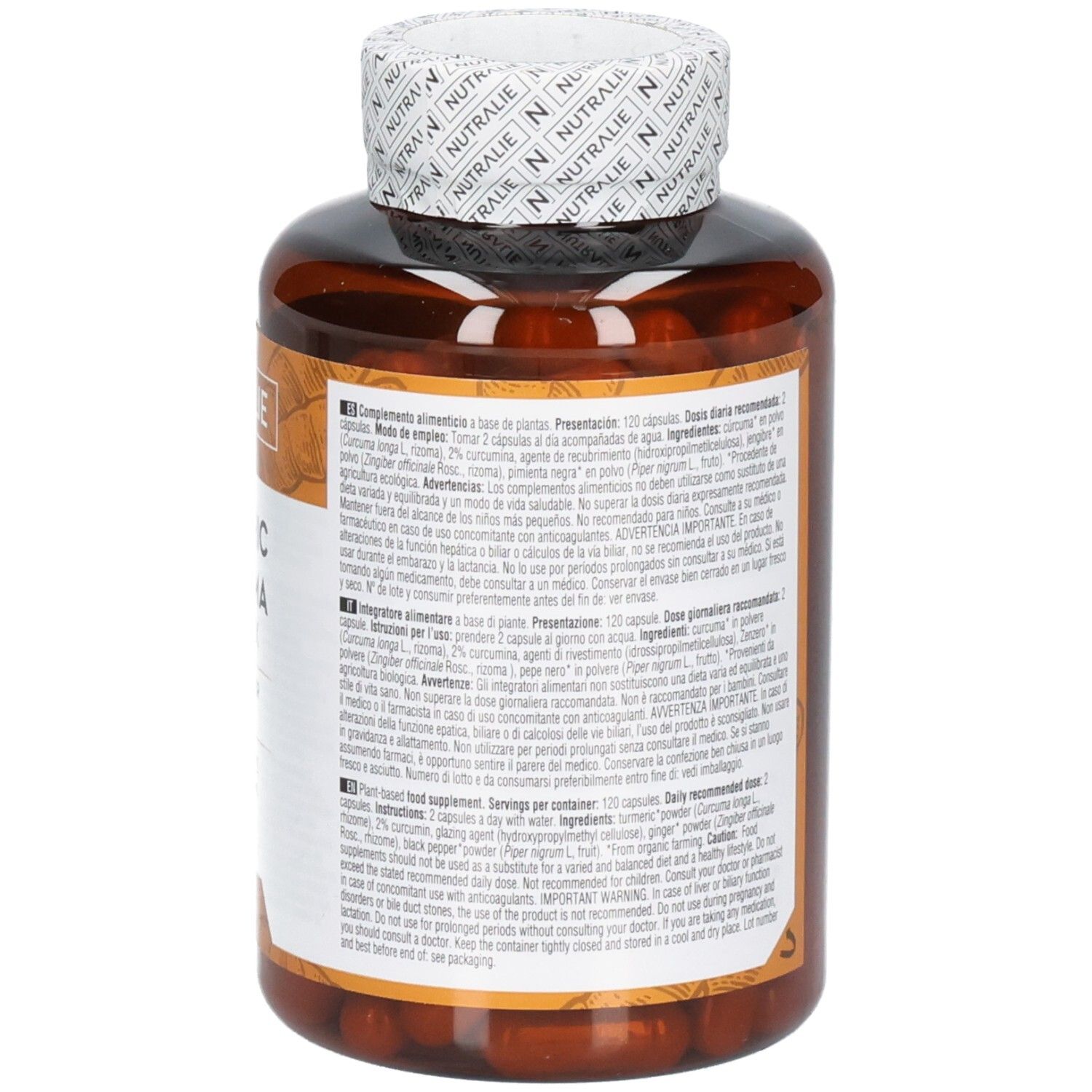 Rückseite einer Flasche mit Nutralie Kurkuma Kapseln Bio Hochdosiert Nährwertangaben.