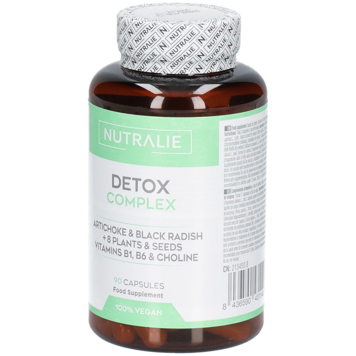 Nutralie Detox Complex Kapseln: Braune Flasche mit 90 veganen Kapseln. Artischocke, schwarzer Rettich, Vitamine B1, B6, Cholin.